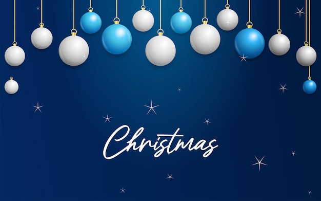 Kerstmis blauwe achtergrond met hangende glanzende witte en zilveren ballen Merry christmas wenskaart vectorillustratie