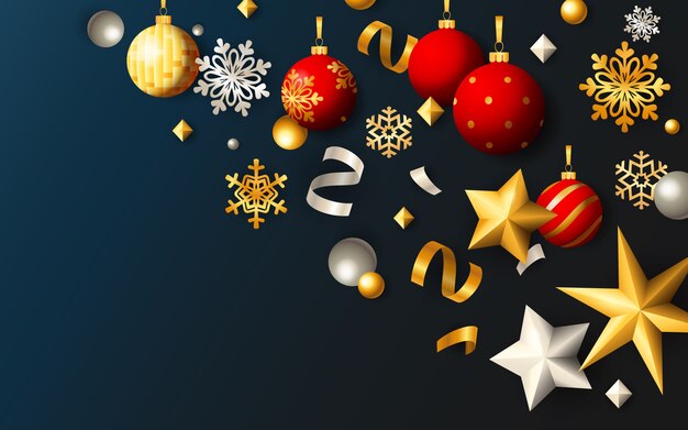 Kerstmis feestelijke banner met ballen en sterren op blauwe achtergrond