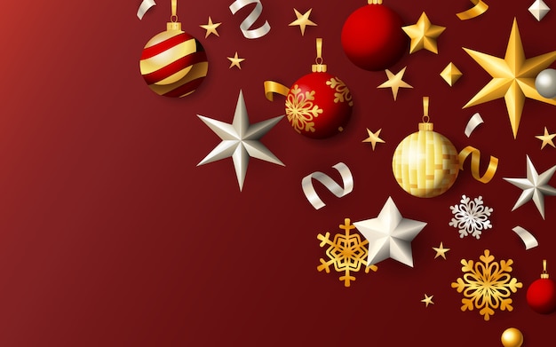 Kerstmis feestelijke banner met ballen en sterren op rode achtergrond