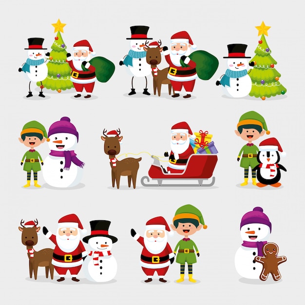 Gratis vector kerstmis met sneeuwpop en set tekens