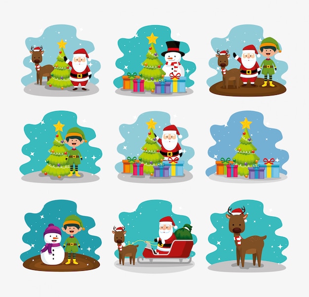 Gratis vector kerstmis met sneeuwpop en tekens instellen