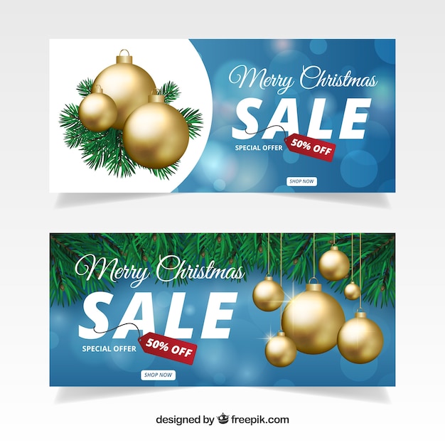 Gratis vector kerstmis verkoop banners met gouden ballen