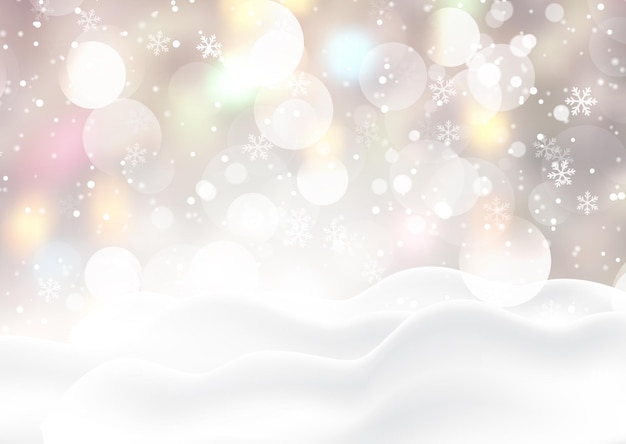 Kerstmisachtergrond met sneeuw op bokehlichten en sneeuwvlokontwerp