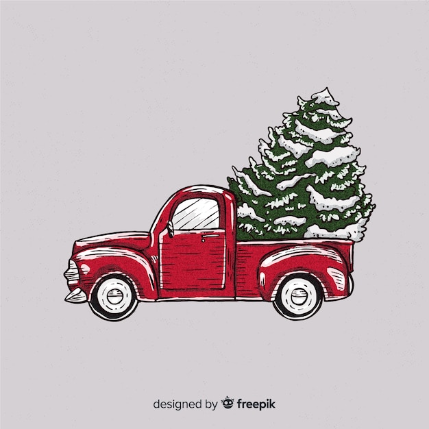 Gratis vector kerstmisachtergrond van de boombestellingsvrachtwagen