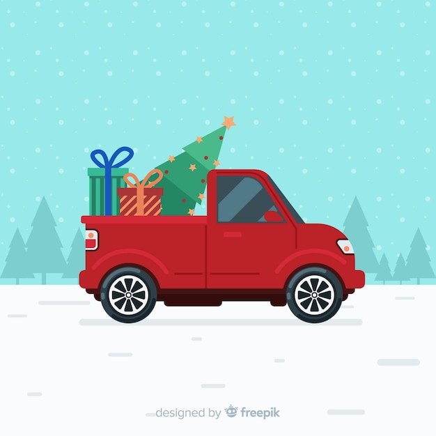 Gratis vector kerstmisachtergrond van de boombestellingsvrachtwagen