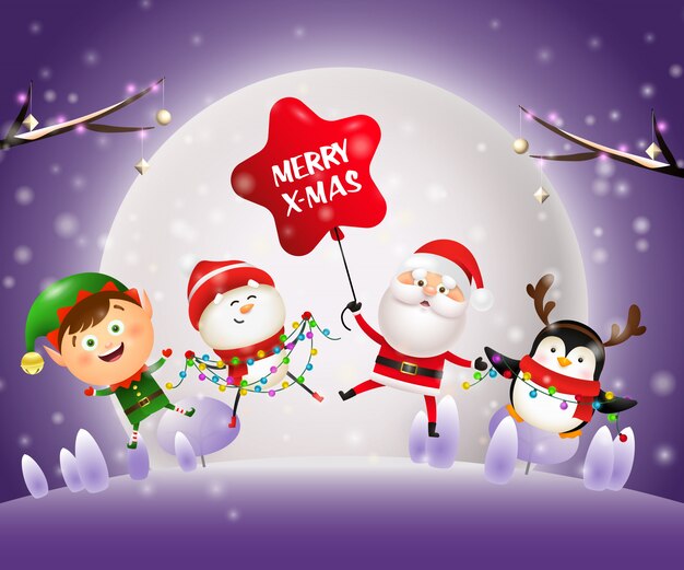 Kerstnachtbanner met dieren, Kerstman op violette grond