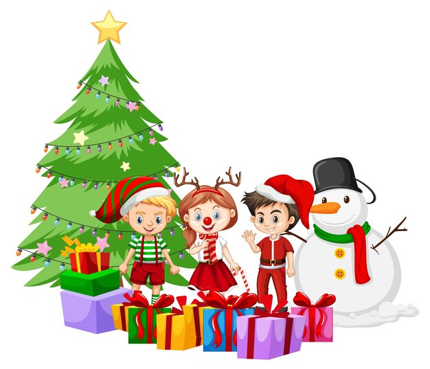 Kerstseizoen met kinderen in kerstkostuums en sneeuwpop