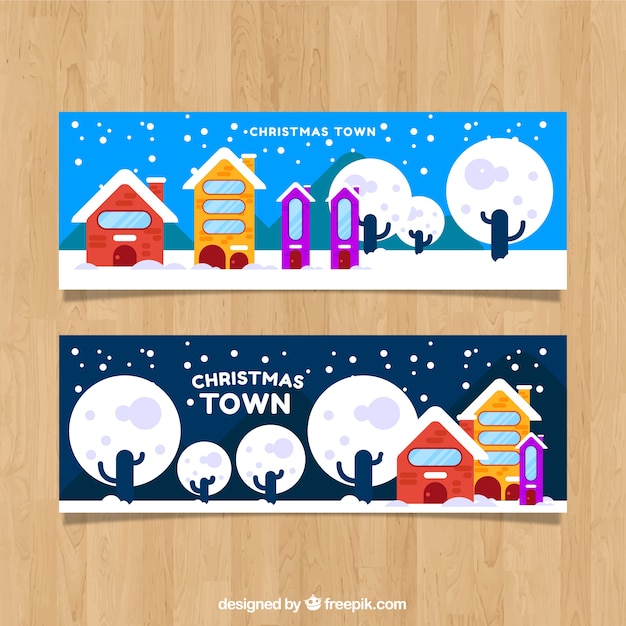 Kerststad banners in platte ontwerp