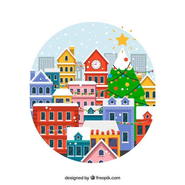 Gratis vector kerststad in een rond kader