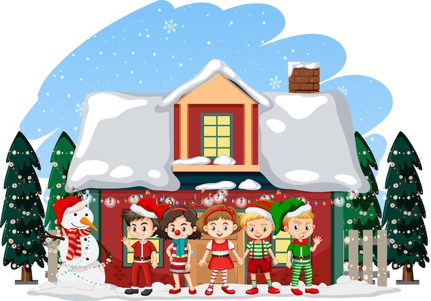 Kerstthema met kinderen die voor een huis staan