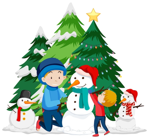 Gratis vector kerstthema met kinderen en sneeuwpop