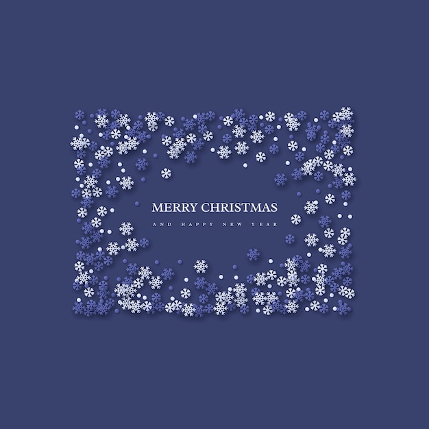 Kerstvakantie frame met papier gesneden stijl sneeuwvlokken. Donker blauwe achtergrond met begroeting, vectorillustratie.