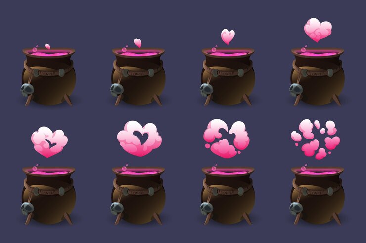 Gratis Vector ketel met liefdesdrankje. bewegingssequentie animatie roze hartwolk van magisch elixer