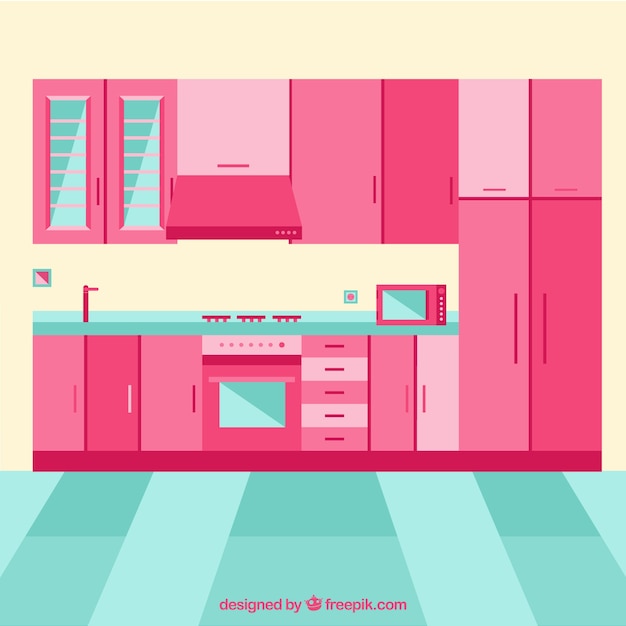 Gratis vector keuken interieur met roze meubels