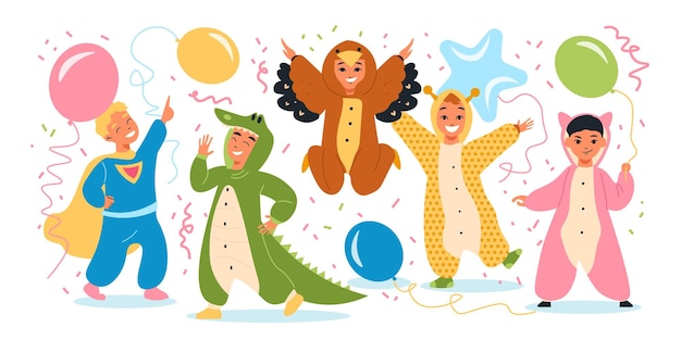 Kigurumi pajama party kids samenstelling kinderen in pakken van superman krokodil vogel en anderen en ballonnen vliegen rond vectorillustratie