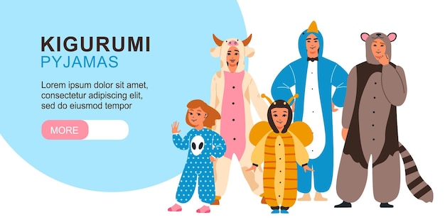 Kigurumi pyjama's horizontale banner met grote kop en grote meer knop vectorillustratie