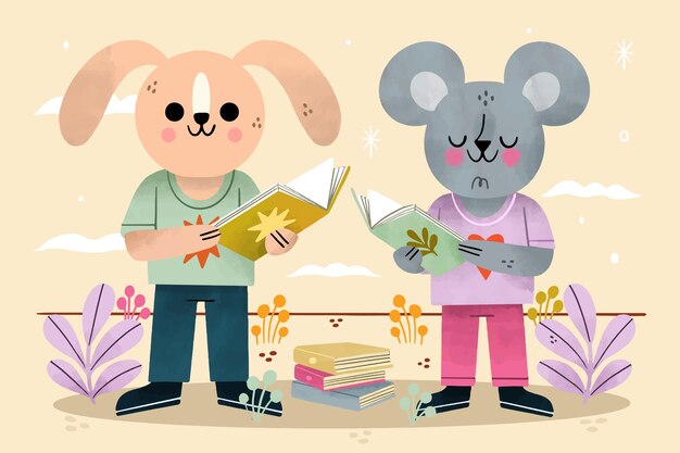 Gratis vector kinderachtige dieren die een illustratie lezen