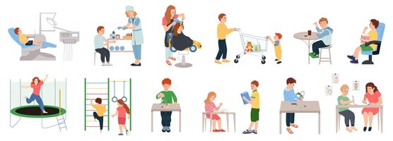 Gratis vector kinderdiensten platte pictogrammen instellen met spelende kinderen eten en bezoekende arts geïsoleerde vectorillustratie