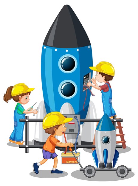 Kinderen bouwen raket samen op witte achtergrond