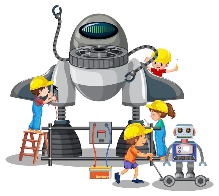 Gratis Vector kinderen bouwen robot samen op witte achtergrond