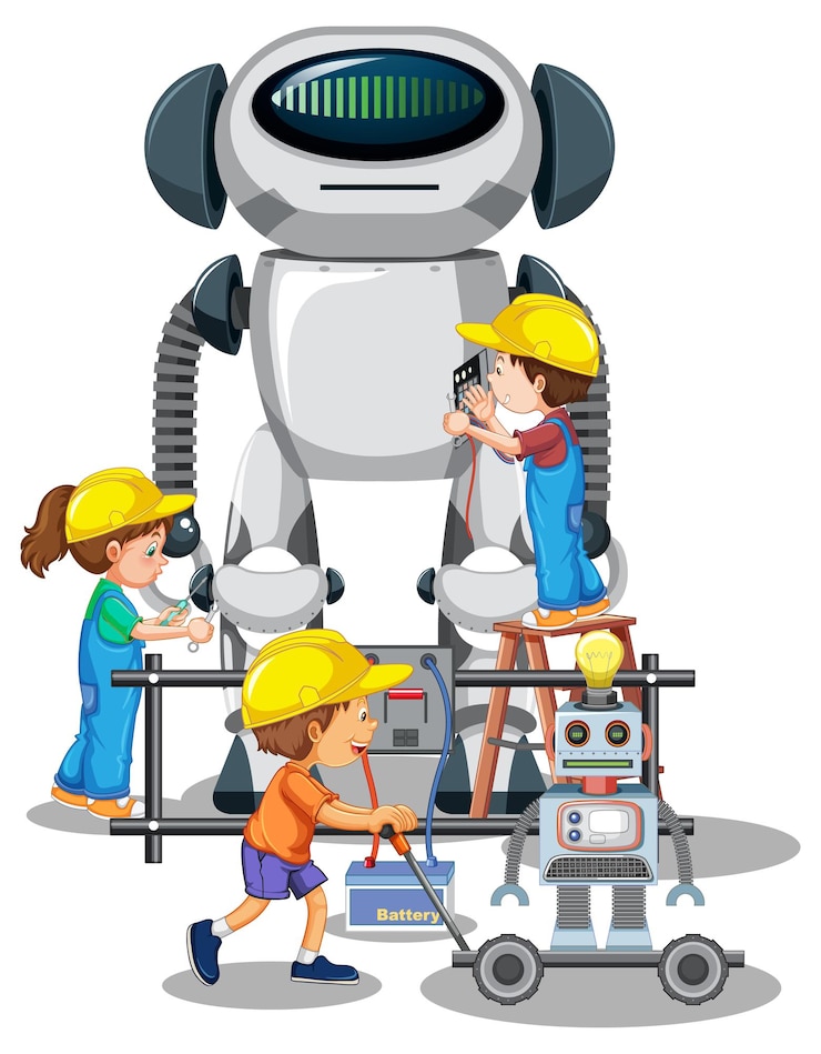 Gratis Vector kinderen bouwen robot samen op witte achtergrond