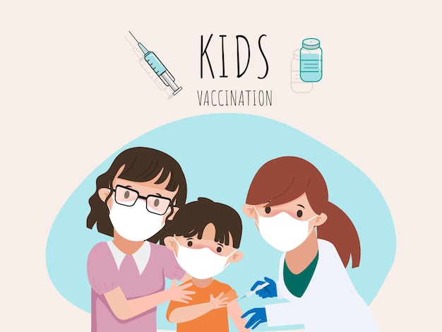 Kinderen die een gezichtsmasker dragen om een veiligheidsvaccin te krijgen ter bescherming tegen het coronavirus covid19