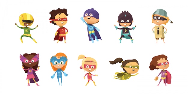 Gratis vector kinderen die kleurrijke kostuums van verschillende geïsoleerde superheroes retro reeks dragen
