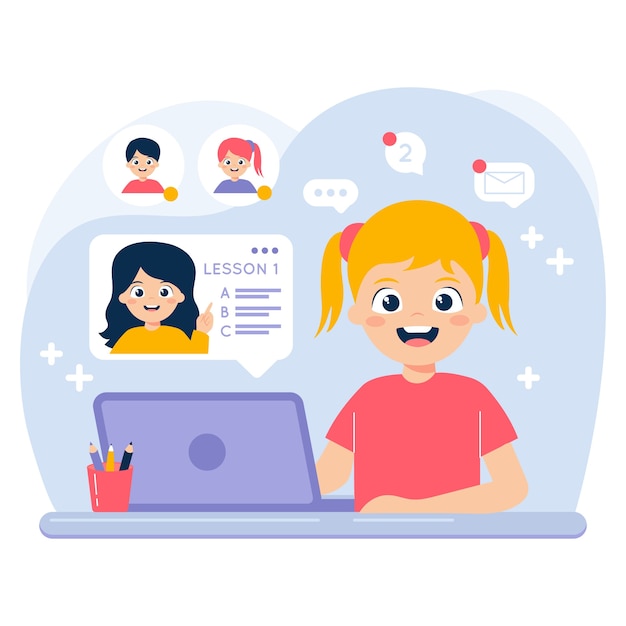 Gratis vector kinderen die online lessen volgen