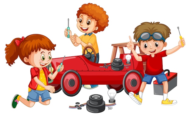 Kinderen die samen een auto repareren Gratis Vector