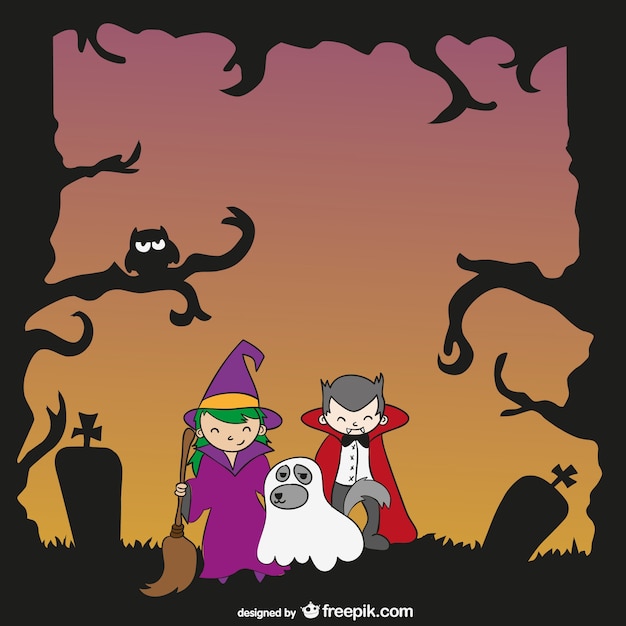 Gratis vector kinderen en hond met halloween kostuums