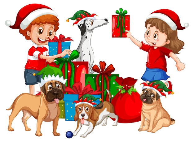 Kinderen en honden in kerstthema