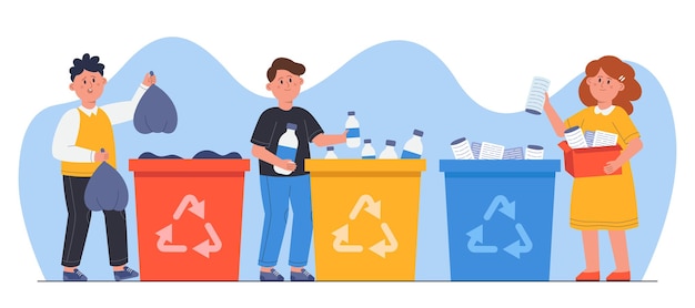 Gratis vector kinderen gooien afval in de prullenbak. leuke jongens en meisje sorteren papier, plastic en organisch afval in recycling containers platte vectorillustratie. milieubescherming, ecologieconcept