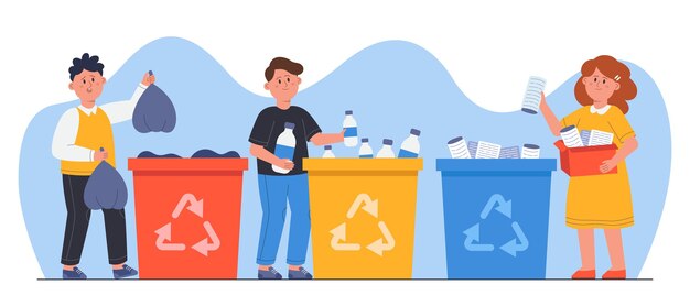 Kinderen gooien afval in de prullenbak. Leuke jongens en meisje sorteren papier, plastic en organisch afval in recycling containers platte vectorillustratie. Milieubescherming, ecologieconcept