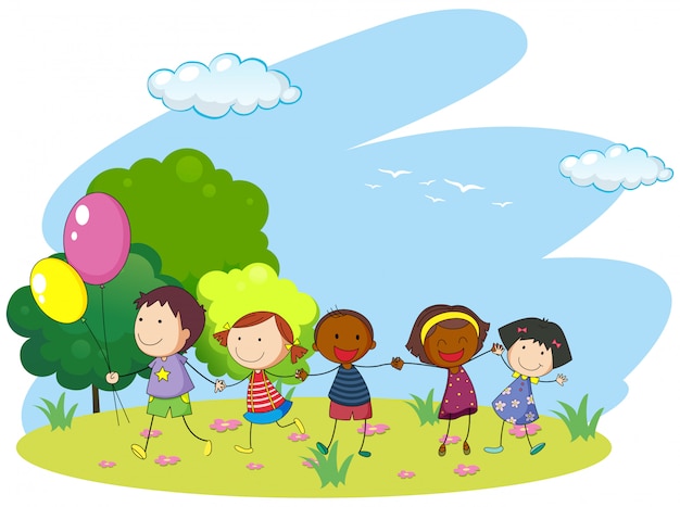 Gratis vector kinderen hand in hand in het park