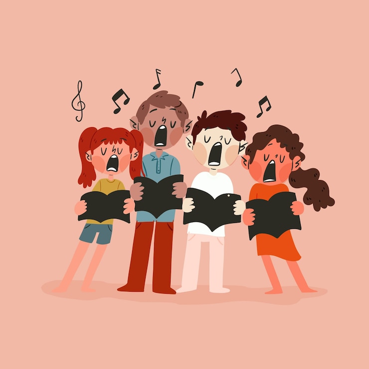 Gratis Vector kinderen houden boeken vast en zingen in koor