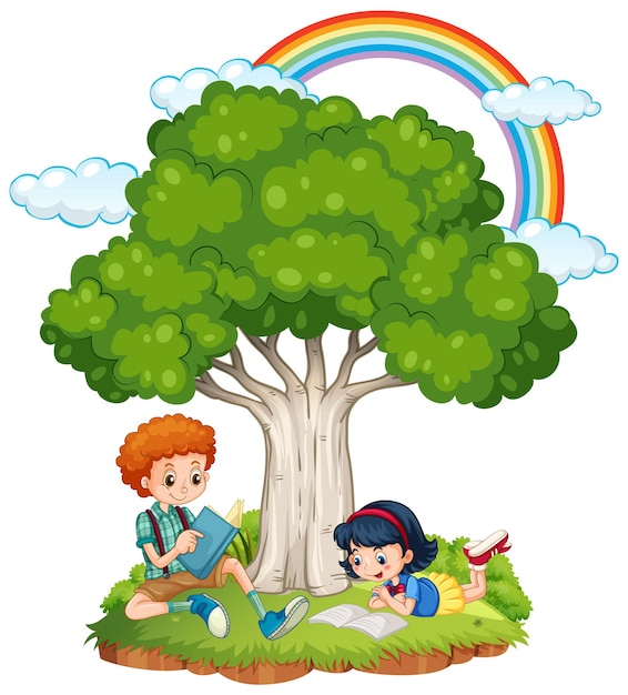 Kinderen huiswerk maken onder de boom