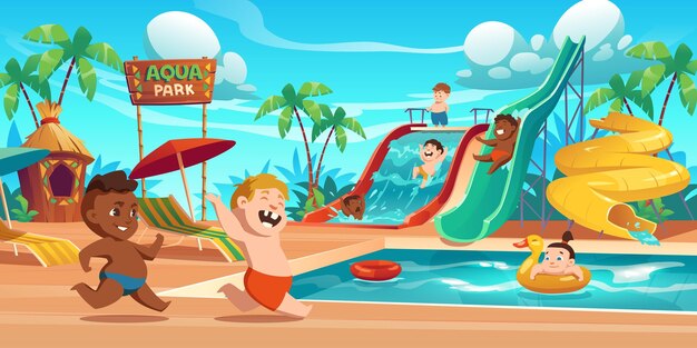 Kinderen in aquapark, waterpretpark met waterattracties