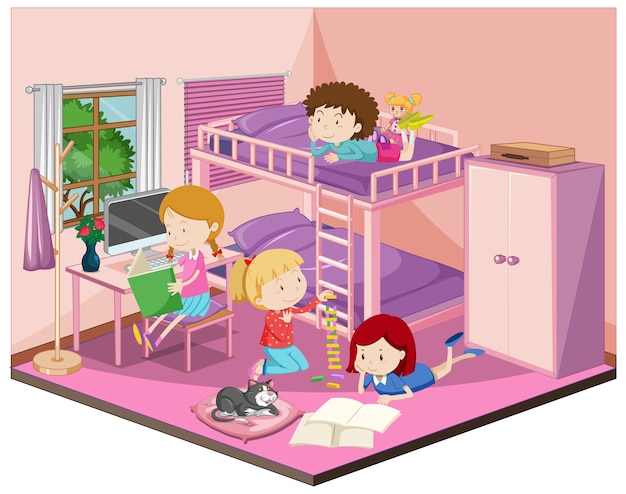 Kinderen in de slaapkamer met meubels in roze thema