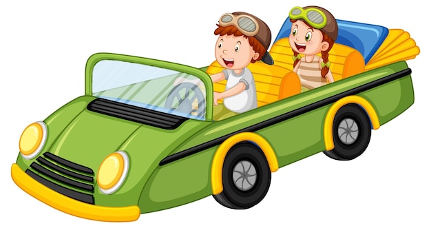 Gratis vector kinderen in groene vintage cabriolet