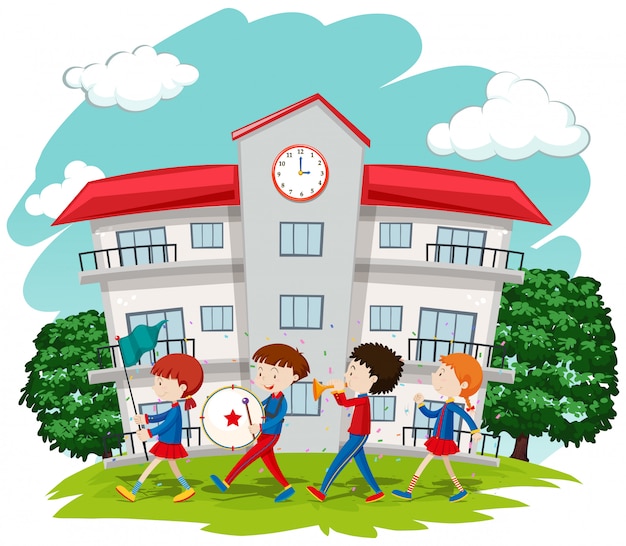 Gratis vector kinderen in schoolband op school