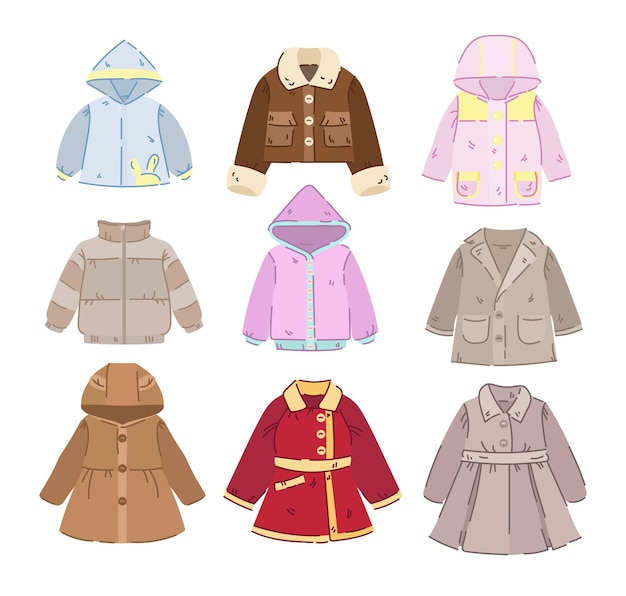 Kinderen jassen en jassen cartoon afbeelding set. winter of herfst uitloper voor jongens en meisjes geïsoleerd op een witte achtergrond. kleding, outdoorkleding, kledingconcept