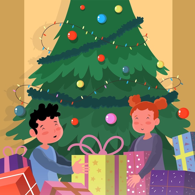 Gratis vector kinderen krijgen een kerstcadeau