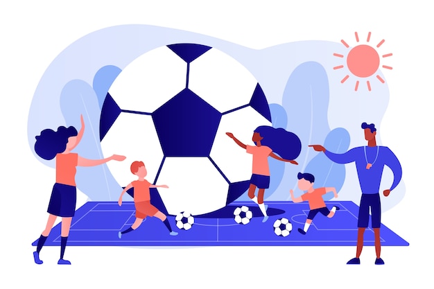 Kinderen leren voetballen met ballen op het veld in zomerkamp, kleine mensen. voetbalkamp, voetbalacademie, kindervoetbalschoolconcept. roze koraal bluevector geïsoleerde illustratie