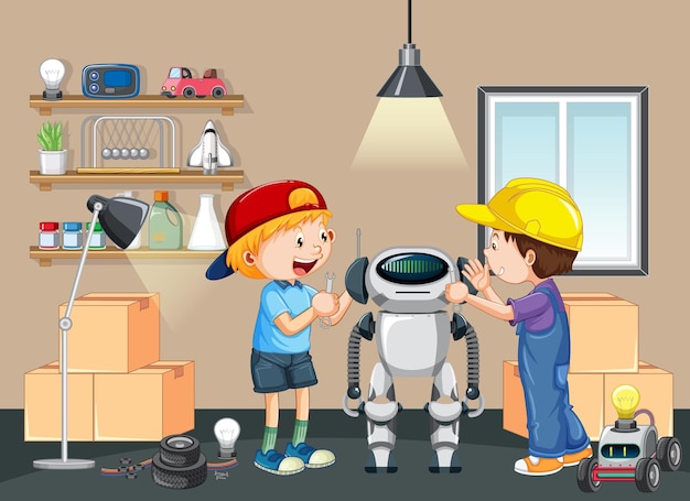 Kinderen maken samen een robot in de kamerscène