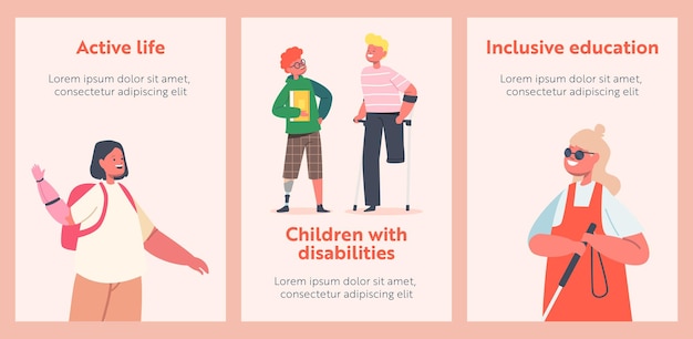 Kinderen met een handicap, actief leven en inclusief onderwijs cartoon posters. gehandicapte kinderen tekens op rolstoel, bionische hand, beenprothese, krukken, blind meisje met stok. vectorillustratie