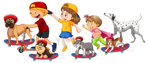 Kinderen met hun honden op skateboards