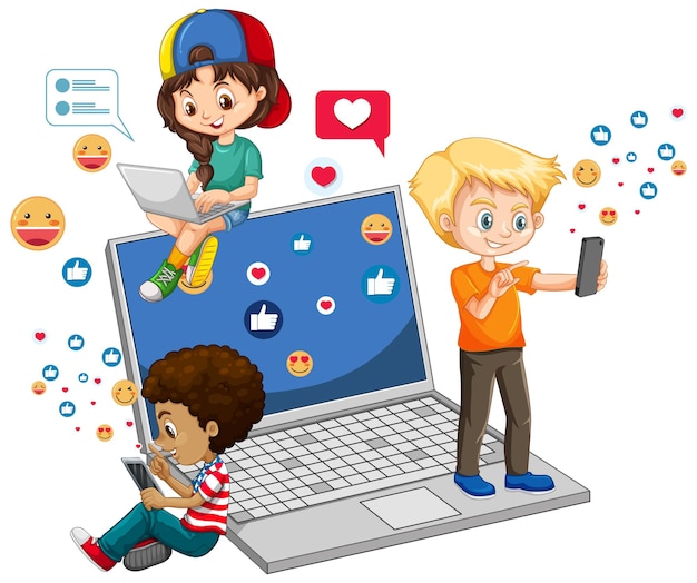 Kinderen met sociale media-elementen op wit