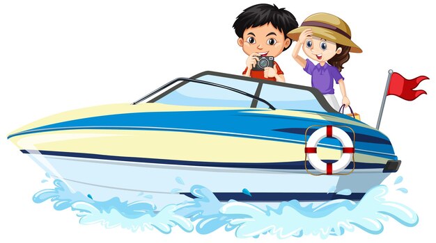 Kinderen op een speedboot op witte achtergrond