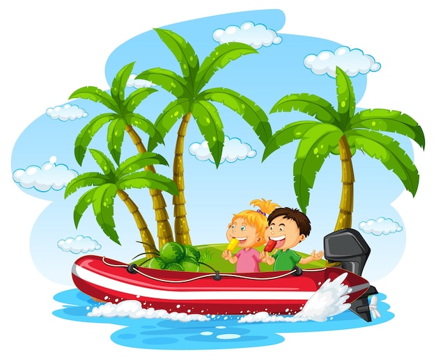 Kinderen op opblaasbare boot in cartoonstijl