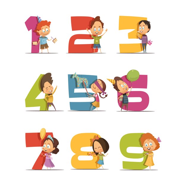 Kinderen partij retro pictogrammen instellen met cijfers van één tot negen